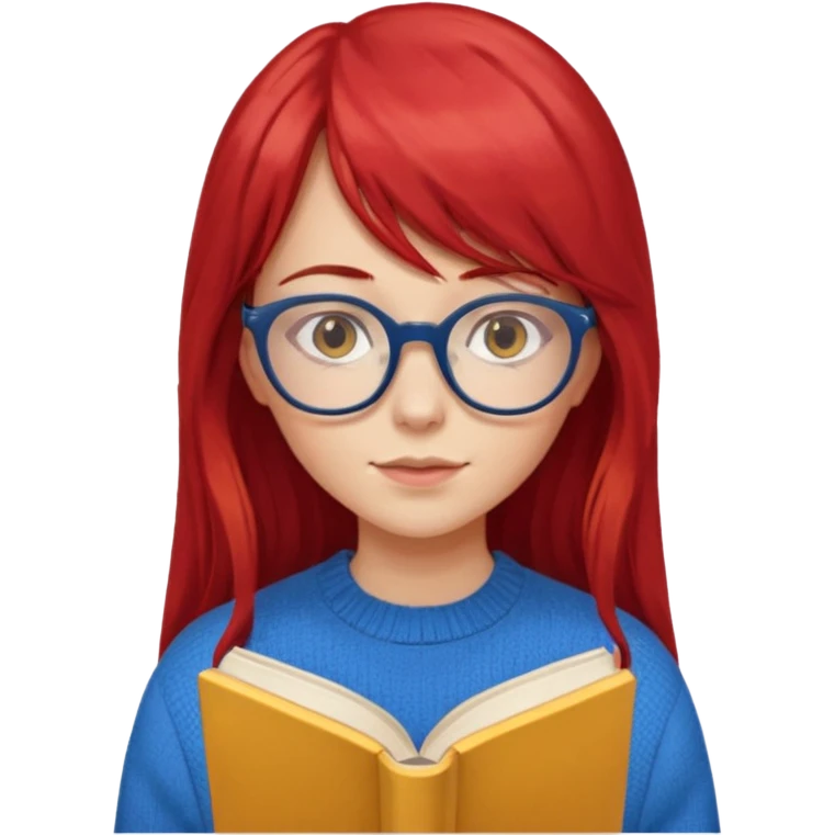 a girl with long red hair and bangs with glasses wearing blue sweater reading a yellow cover book emoji