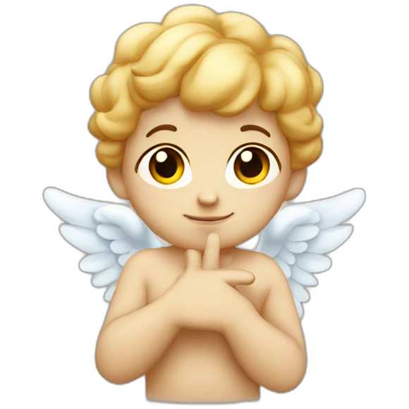 cherub with a calm face making the peace sign with his left hand emoji
