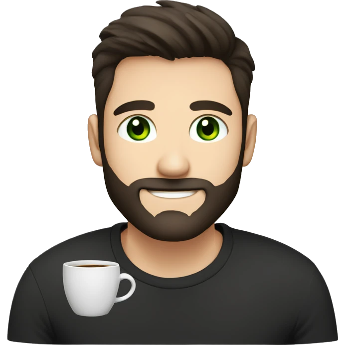 Handsome man with dark hair, holding an cup of coffee, gradient short hair on the side, green eyes. Thin face. Black t-shirt. A little beard. emoji