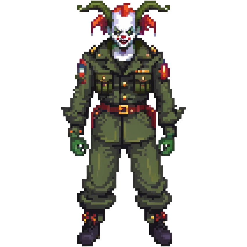 evil clown soldier, bald, small black satan horns on forehead, fangs, pointed ears, eye patch over one eye, black and military green clothes with bellbottom pants, realistically proportioned, less bulky, full body, fighting stance emoji