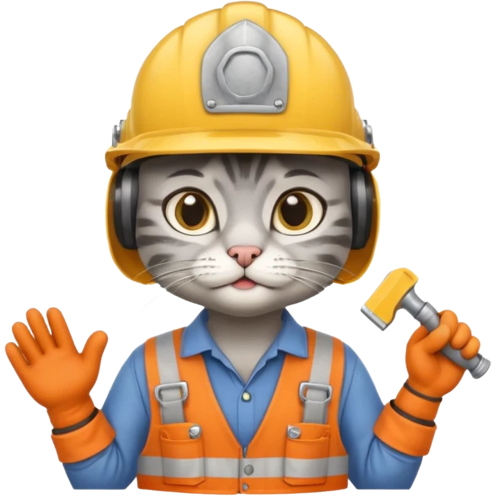 gray cat, handyman Outfit, wearing a Helmet emoji