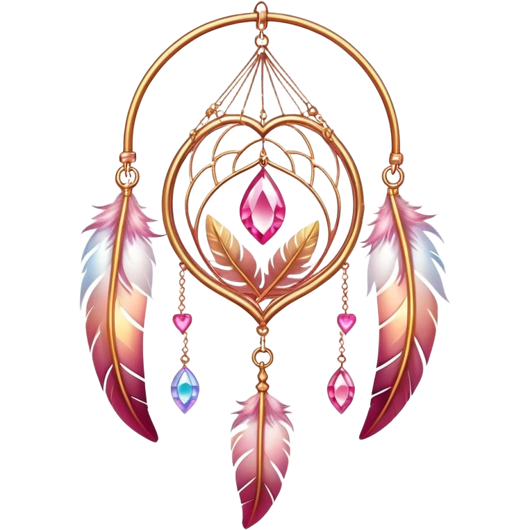 Reddish-pinkish and gold and white warm-colored romantic lush beautiful pretty hanging crystal-catcher aesthetic with hearts and sparkles and feathers emoji