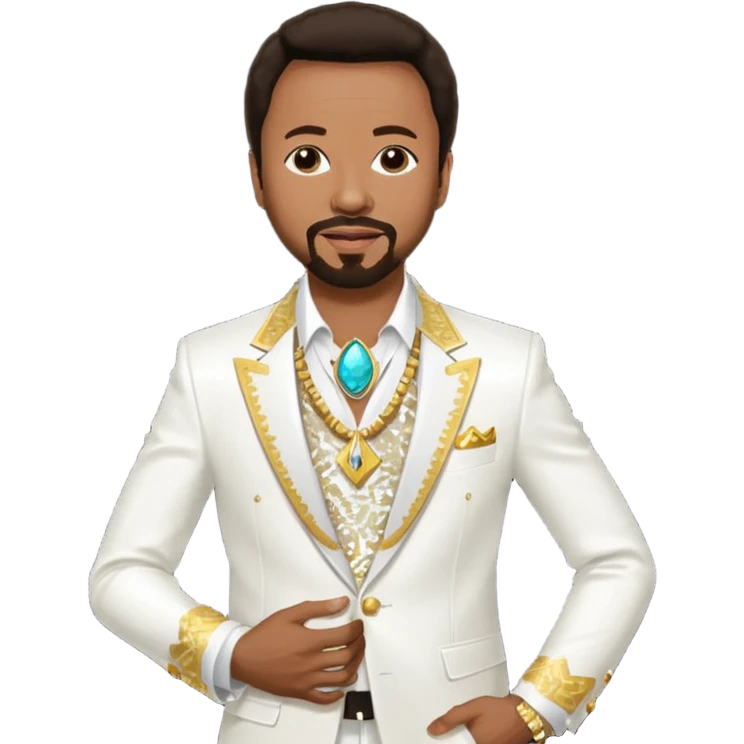 Maurice White from Earth Wind and Fire with dark brown hair, white sequin suit jacket, shirtless with necklace  emoji