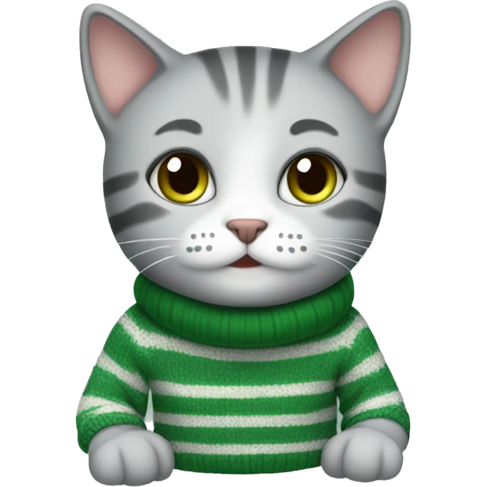 Cute gray cat wearing green stripe sweater emoji