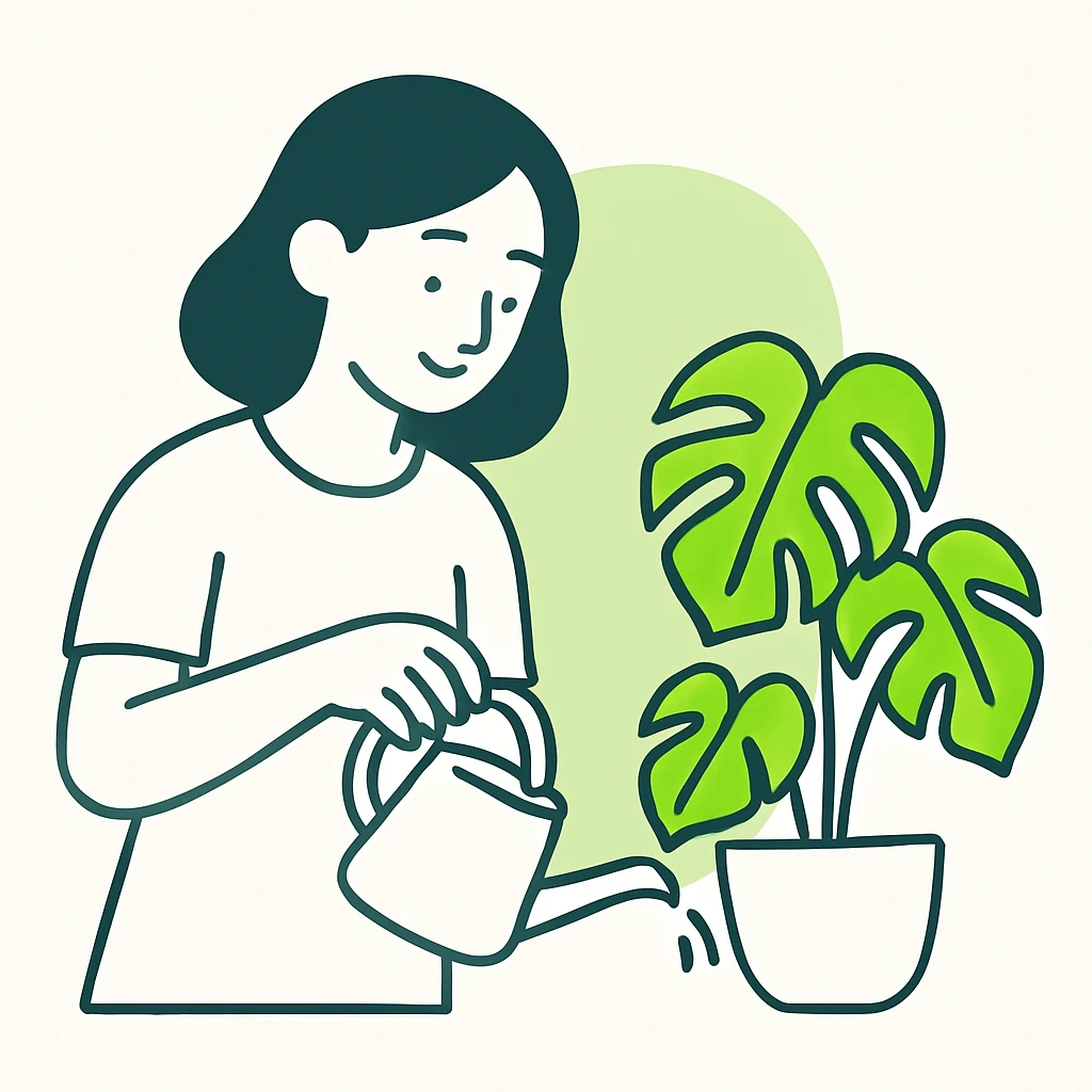 woman watering her monstera plant emoji