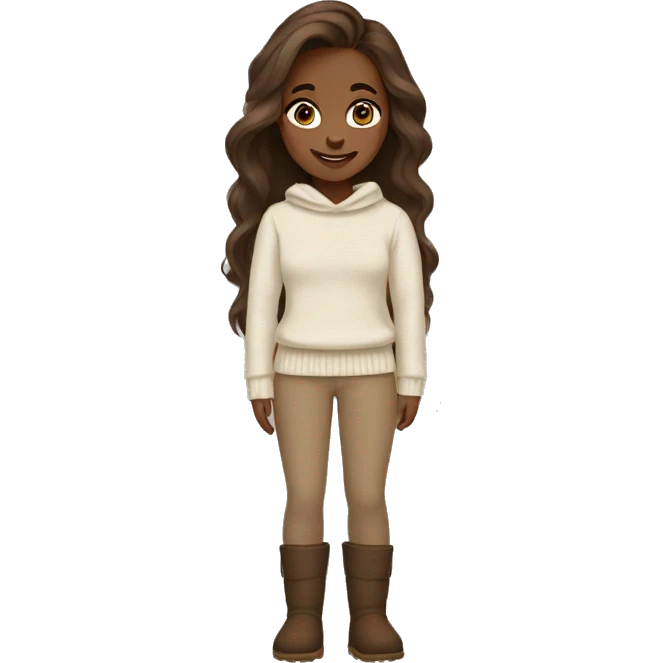 Girl with long lashes and long brown hair wearing a creamy sweater and light brown pants with brown uggs emoji