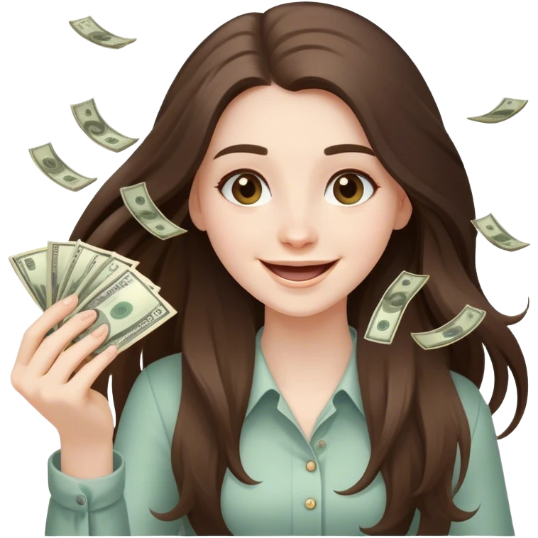 happy beautiful pale brunette girl with long hair throwing money emoji
