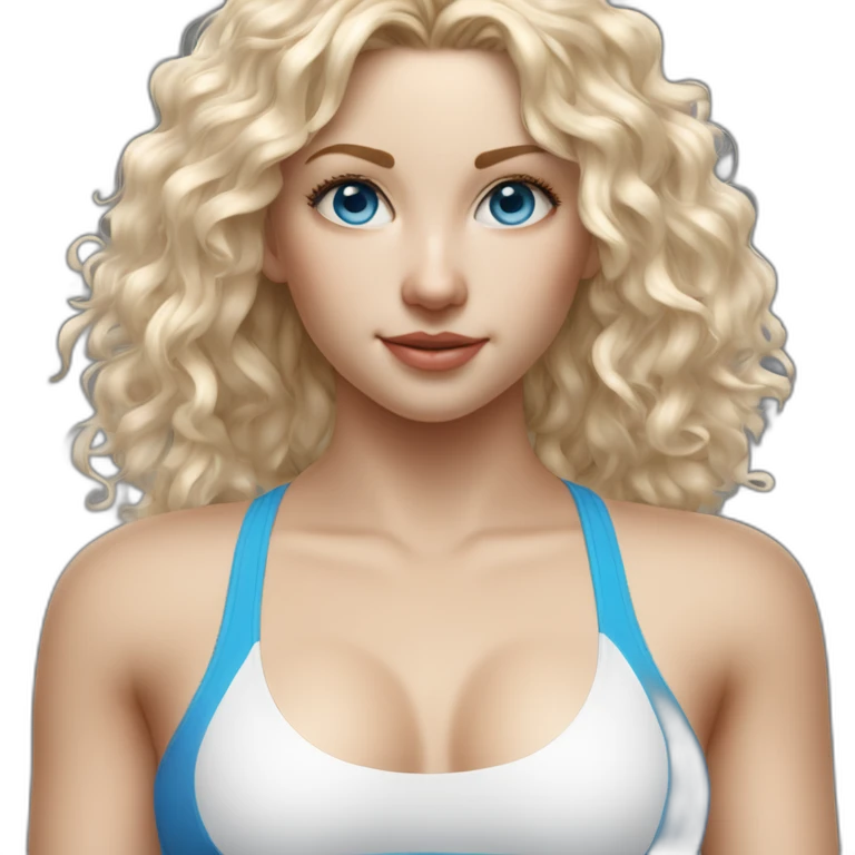 hyperrealist-white-long-curly-blonde-hair-blue-eyes-girl-with-white-sports-bra-tight-swim suit and-sneakers-facing-towards-camera emoji