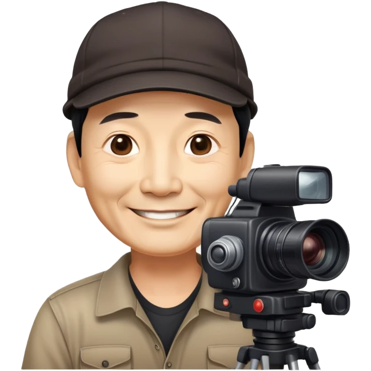 Chinese smiling 50years old male film producer with black eyes and wrinkles on the face  in dark shirt with dark cap and professional camera emoji