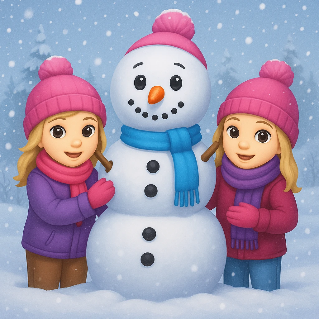 Add a snowy background behind the kids building a snowman, keep the original emoji style emoji