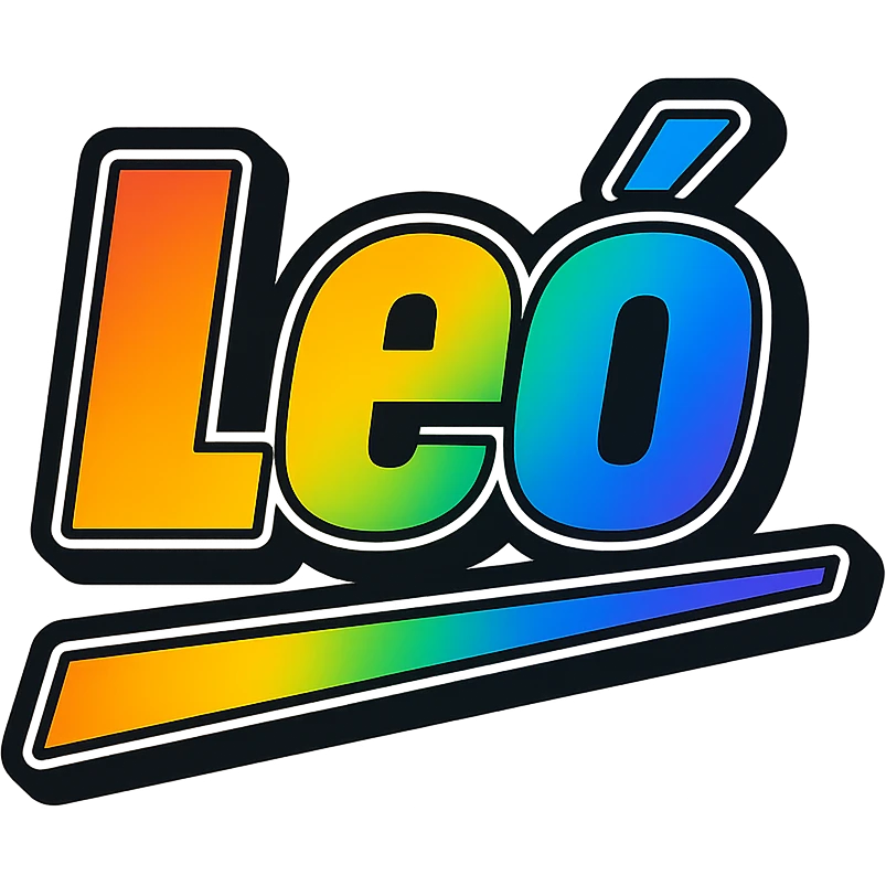 Leó name in modern gradient font with precise Hungarian characters, dark outline, extra bold, prominent white letter border, dynamic slanted underline, rainbow color gradient, 1000x1000 px, PNG, transparent background emoji