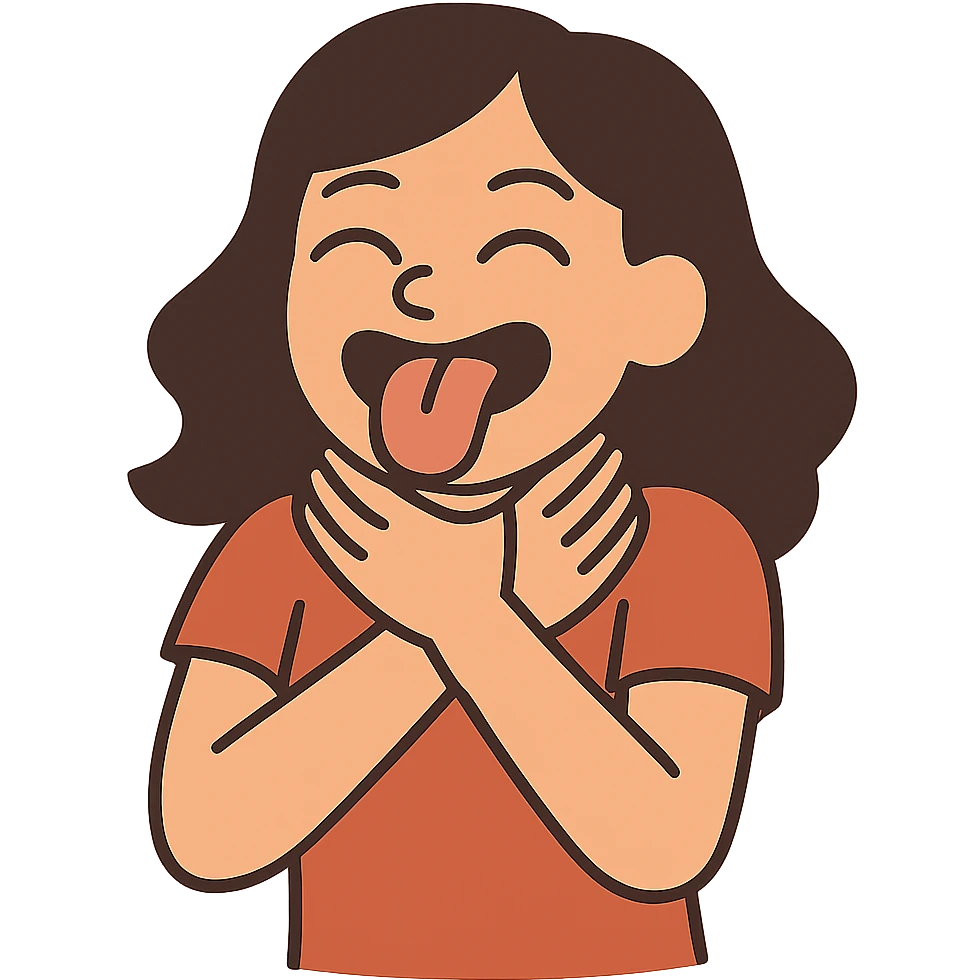 flat toon style girl with her hands wrapped around her own neck, laughing, tongue out emoji