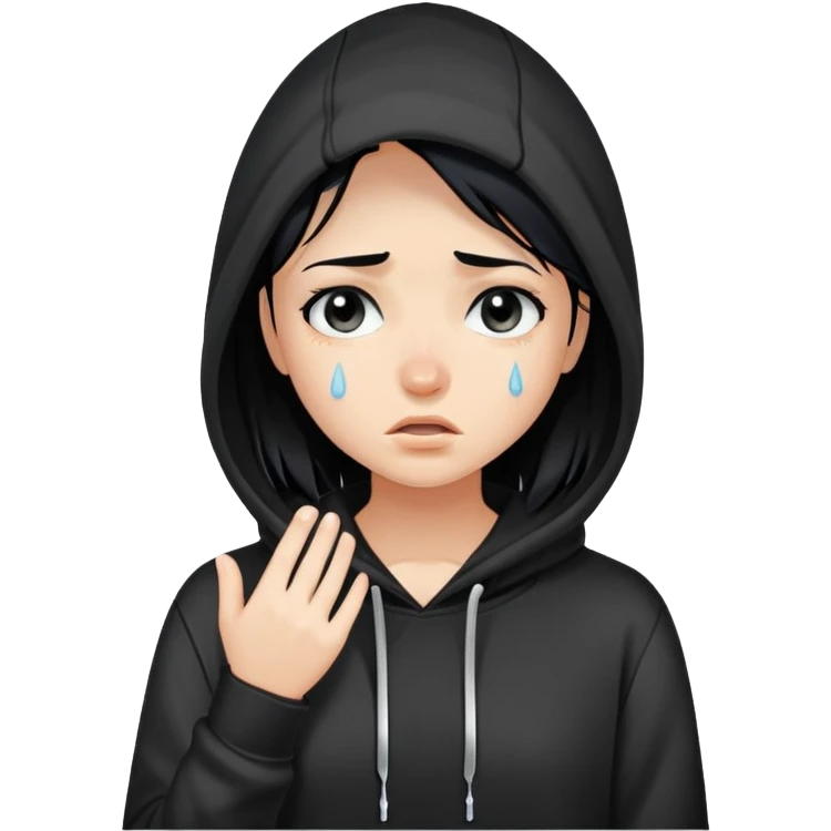 girl with black hair in black hoodie with tears streaming down her face emoji