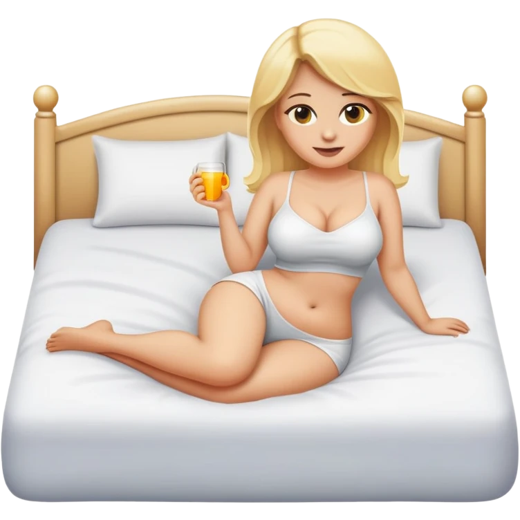 buxom blonde woman, fullbody, emoji style, lounging in bed, wide position, safe for work, playful mood emoji