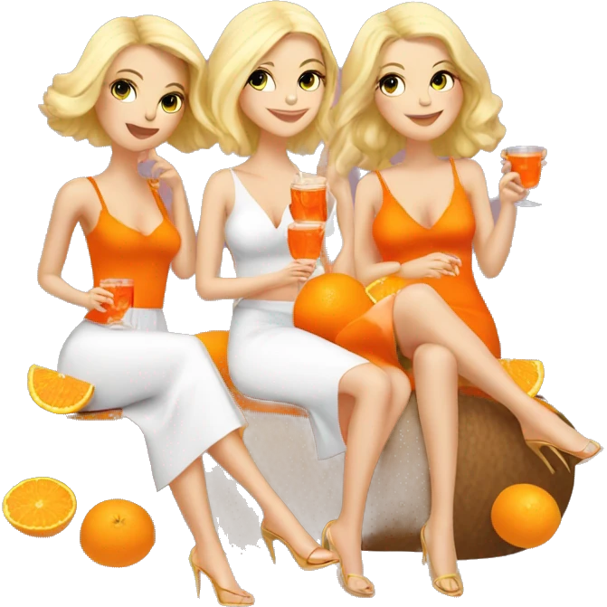 Three beautiful blond girls drinking aperol sitting on oranges emoji