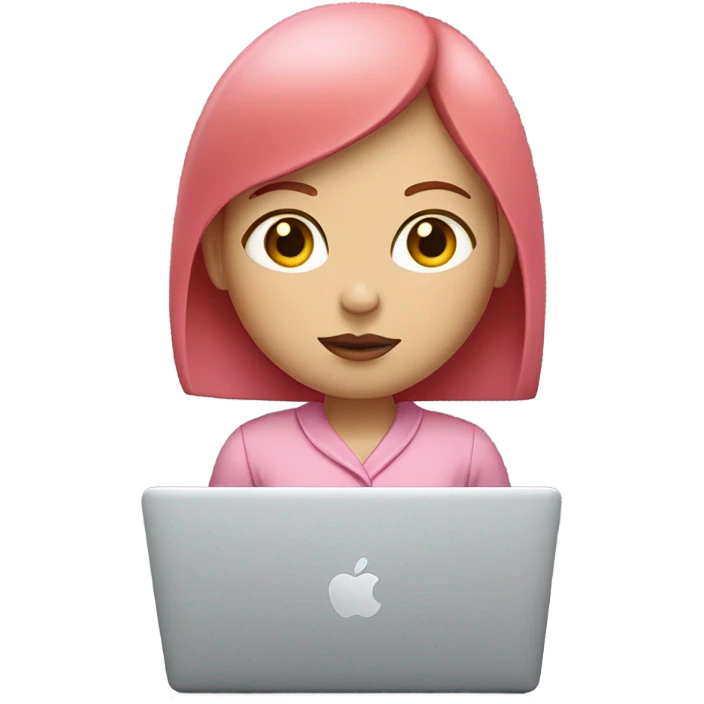 Very pretty girl with straight short red hair, white skin, big pinky lips, big eyes, calm face, in pink clothes works on macbook emoji