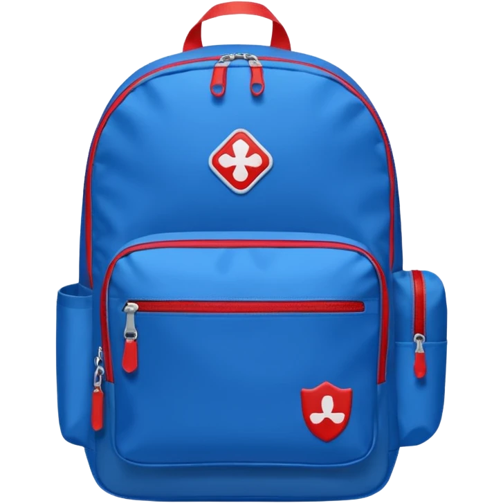 blue backpack with two diveded logo (leftside white, right side red) at the bottom pocket

 emoji