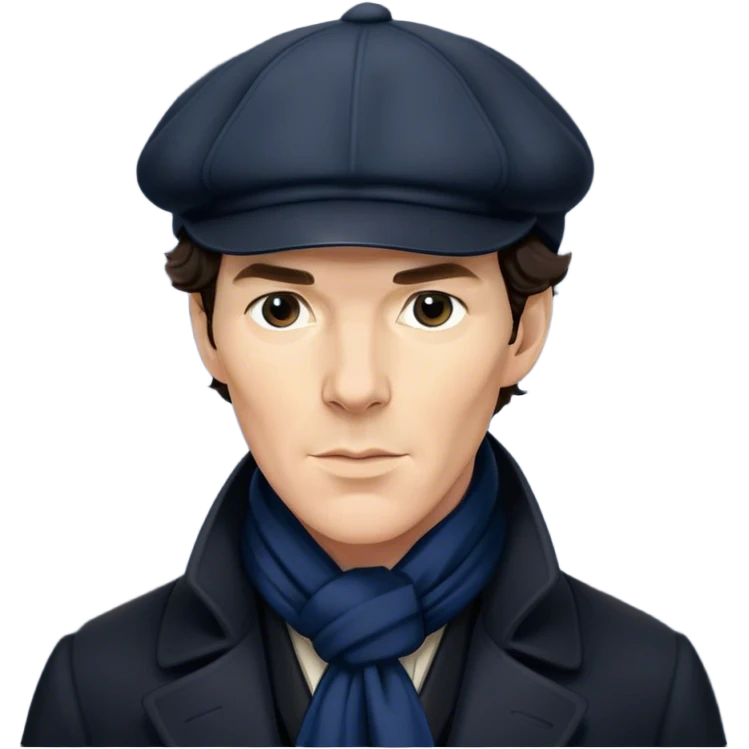 sherlock holmes benedict cumberbatch, wearing a deerstalker hat, Long dark coat, Dark suits, dark Blue scarf emoji