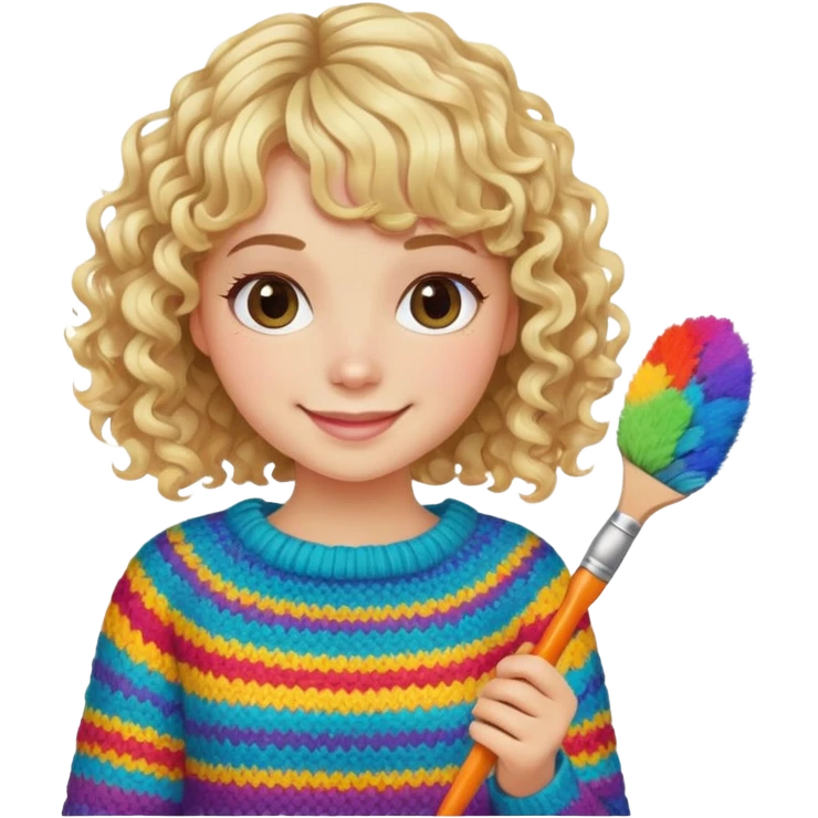 smiling model girl with curly blonde hair and bangs with brushes and colourful  knitted sweater emoji
