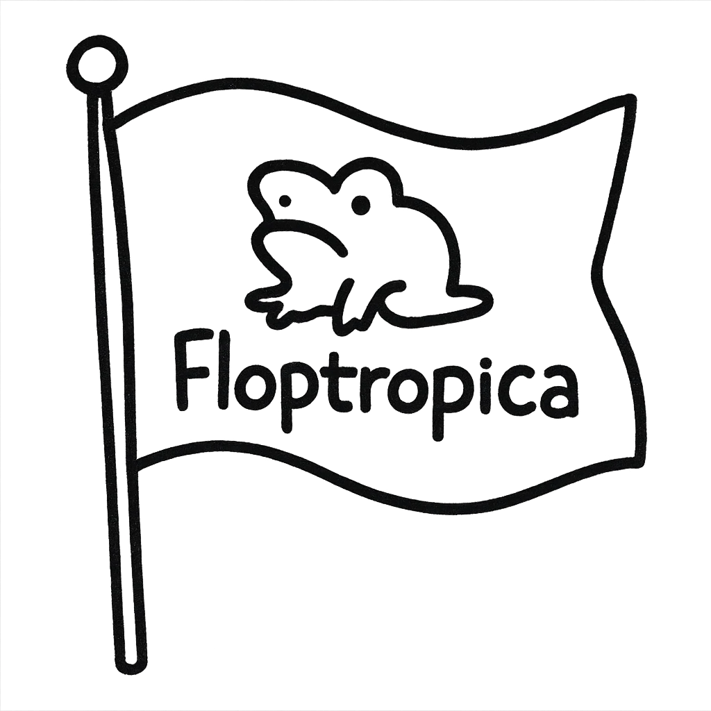 hand-drawn outlined flag on a stick with a quirky 'Floptropica' symbol emoji
