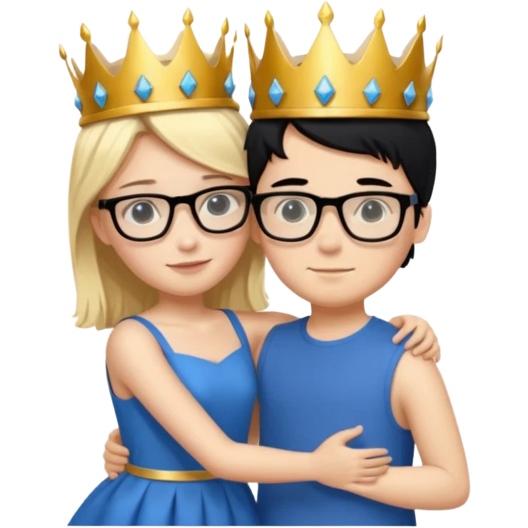 Boy in purple with black glasses and back hair hugging a blonde girl with a blue dress and gold crown emoji