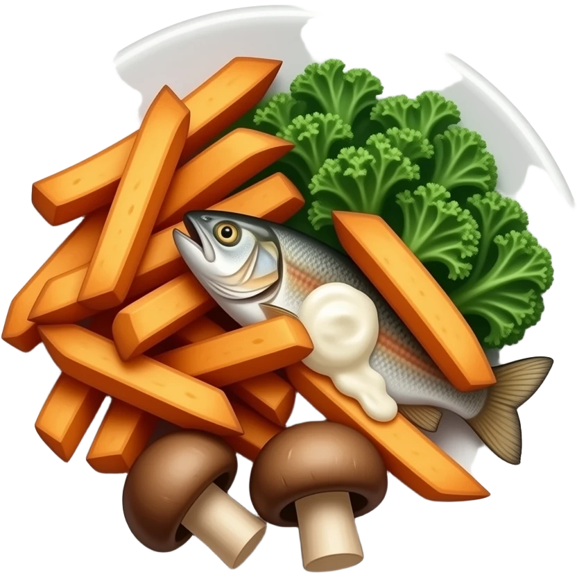 Realistic plate of sweet potato fries, kale, trout, mushrooms and sour cream emoji