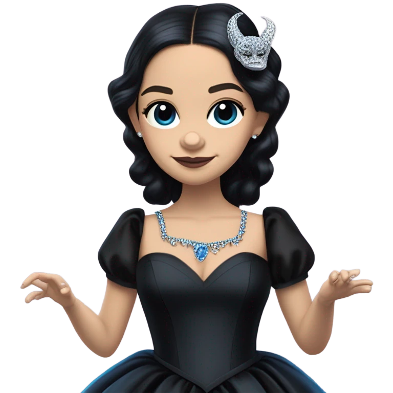 relaxed low-cut back silky black evening ball gown with lace gloves, Jenna Ortega as Wednesday Addams wearing a mini diamond tiara showing off blood blue cute horned old dragon hand-puppet emoji