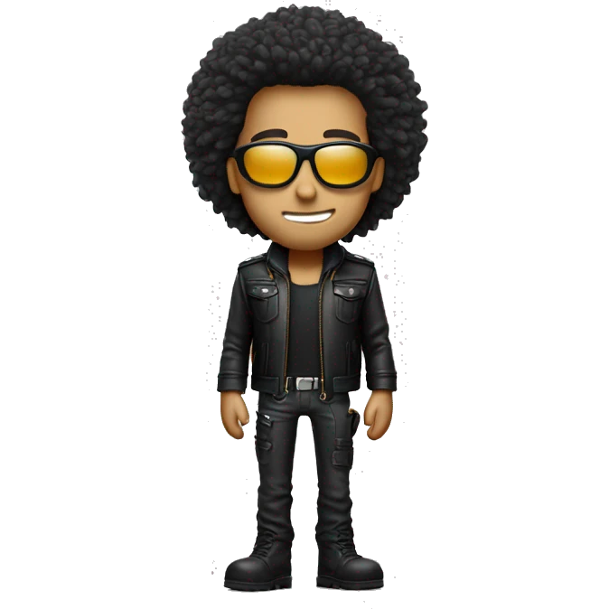 Big hair, slender face, eyes look like as he’s high, cool leather jacket with cargo pants and accessories emoji