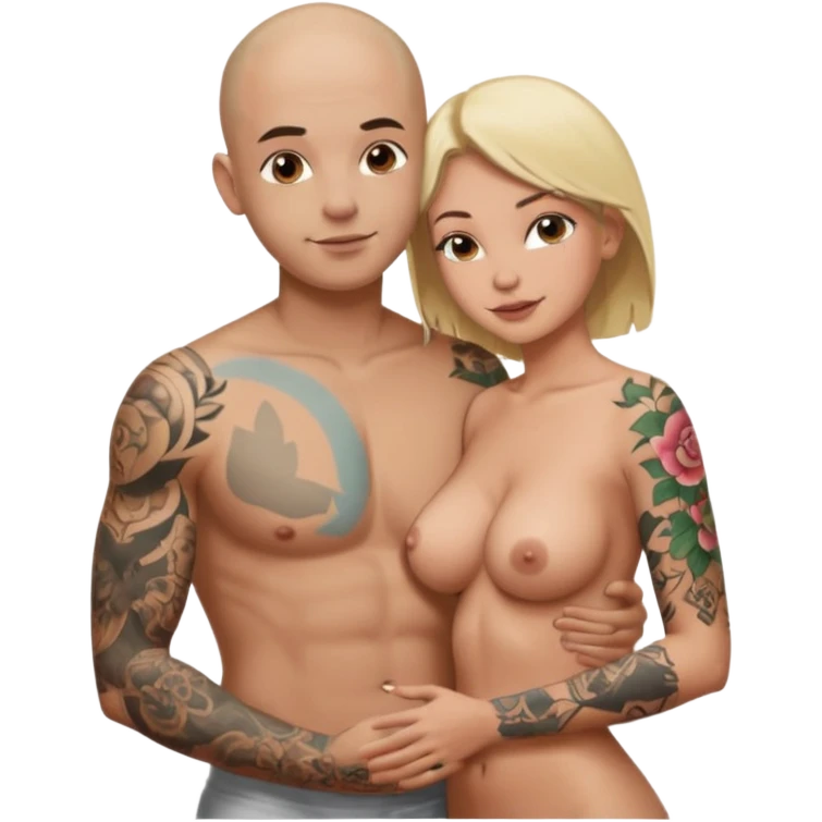throuple tattooed sleeves bbald male with topless naked big boobed brunette and topless naked big boobed blonde girlfriends  lovingl  and sexy polygamy  emoji