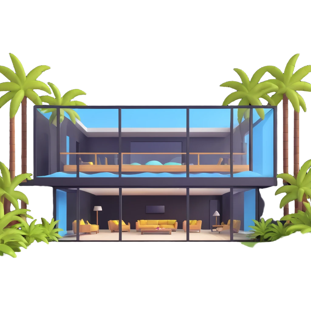 modern luxury mansion with an indoor pool visible through glass walls, palm trees emoji