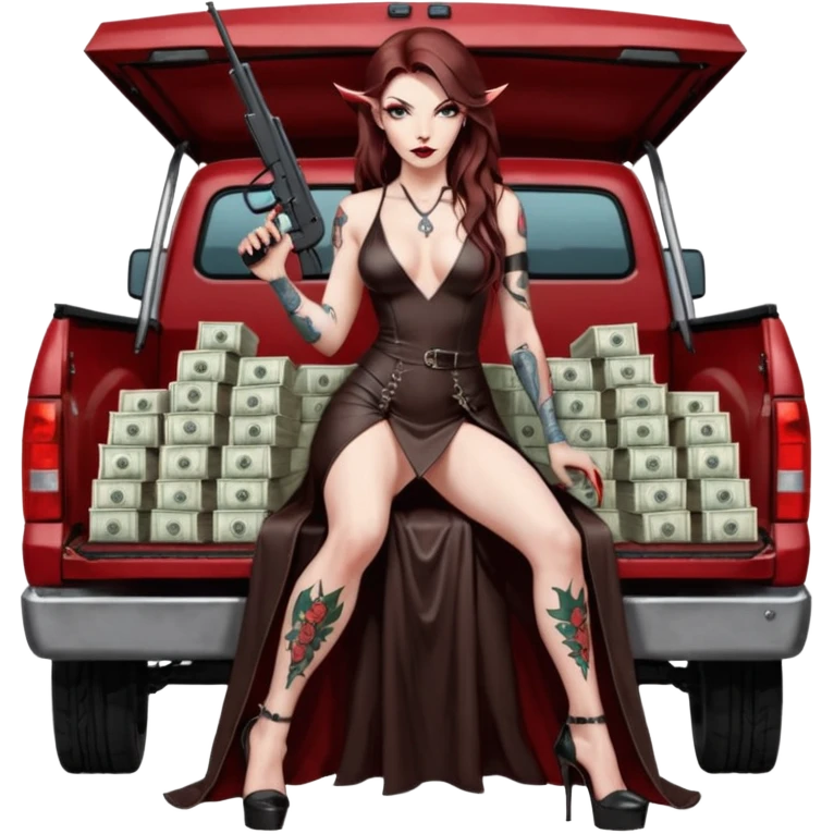 Lilith model red eye seductress evil long brown haired sexy succubus woman with leather long dress with slit, sitting in Big Large F350 pickup truck. Black Platform high heels on feet. Tattoo sleeve arms, seat full of stacks of cash, and a man dead human skull of her enemies and a gun in other hand emoji