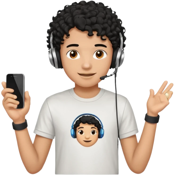 emoji of a teenage boy, curly black hair, wearing a t-shirt and headphones, cheerful look emoji