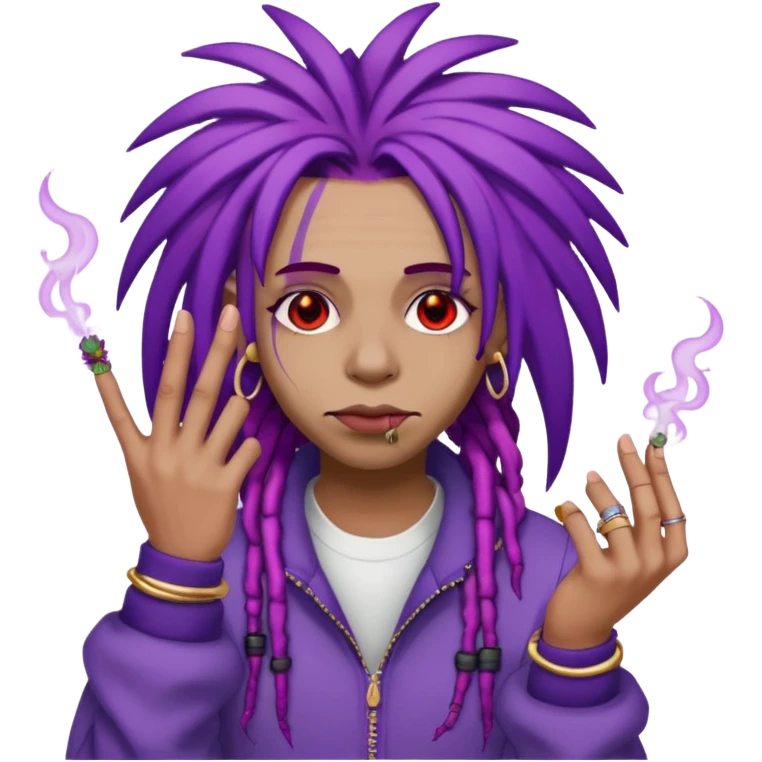 A purple weed smoking emoji with purple dreads, red eyes, hands full of rings, and wearing airforce1 shoes  emoji