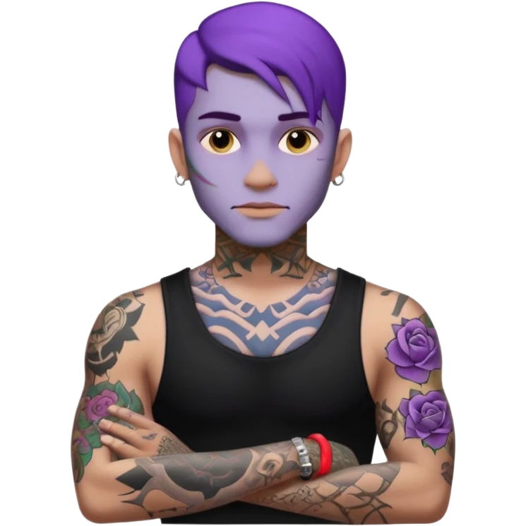 men with tatoos and hightlight that tatoos with purple hair and black dress emoji