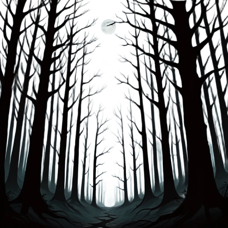 dark forest scene, the entire world covered in darkness. The sky is deep black with no stars or light, no moon, no glow just total void and silence. The atmosphere feels ominous and unsettling, as if darkness has swallowed everything. No characters, no visible light sources emoji