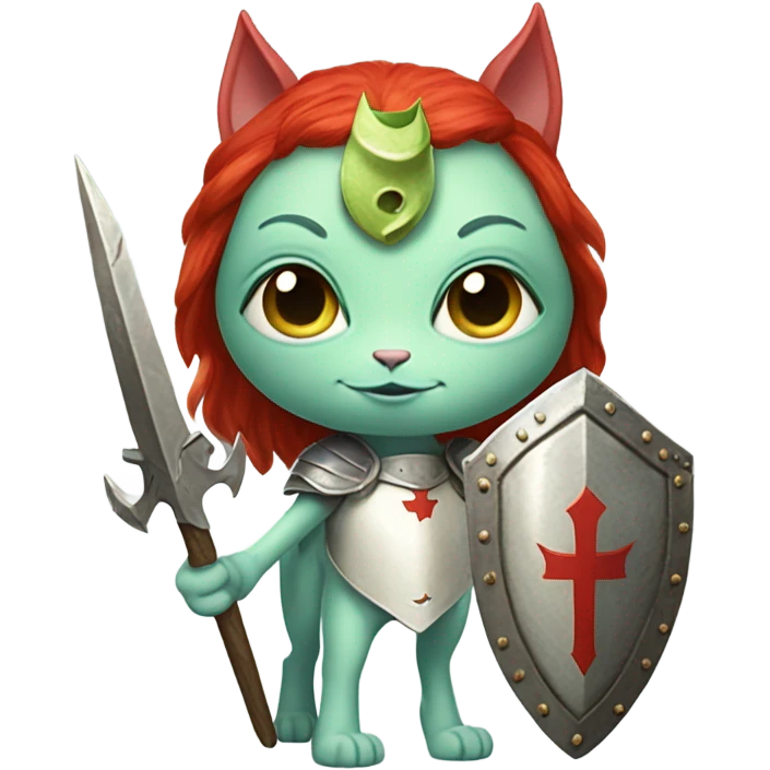 medieval shield: [politically incorrect, (
	{ female, alien, color: light green, hair:red, eyes:cat} ]
	on a 
	[{ unicorn: white, legged:four, mane: light blue }]) emoji