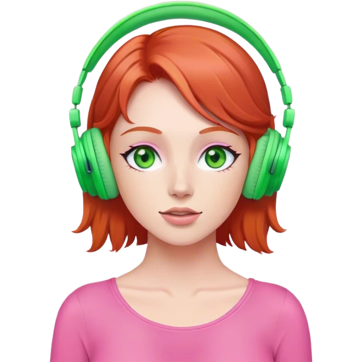 Red head with green eyes listening to music on pink wireless headphones  emoji