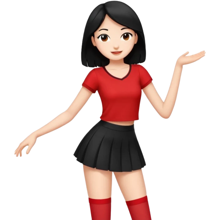 Chicas esbelta con falda corta negra y top rojo,pelo semi largo negro y lacio  super feliz,pero bailando emoji