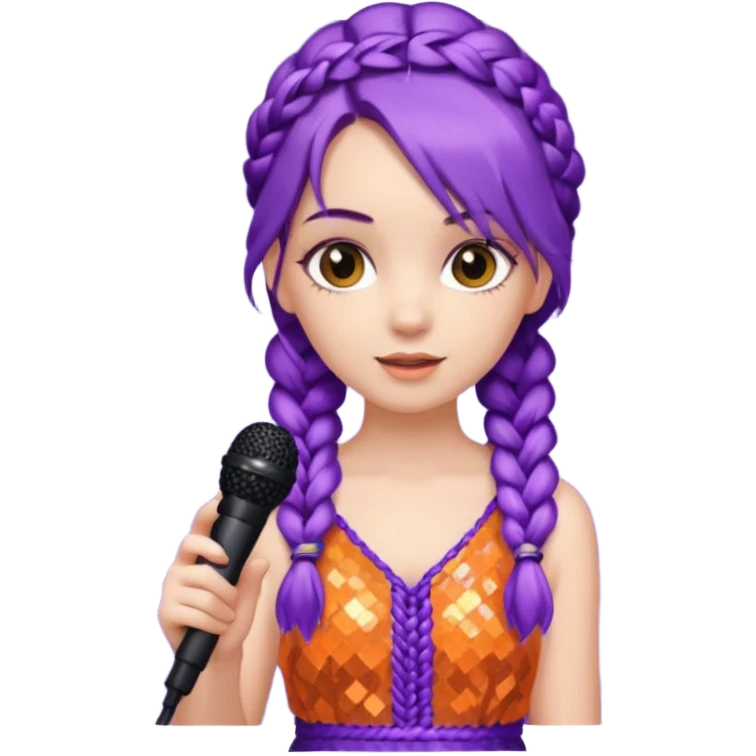girl in orange blink dress, purple braided hair, holding a mic



















 emoji