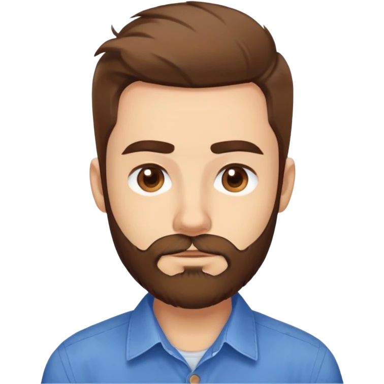 Head portrait of Puerto Rican actor René Monclova. Round face, wide jaw, light complexion. Expressive brown eyes, thick eyebrows. Short brown hair. Unkempt beard, medium length and brown. Friendly expression. Wearing a blue button-up shirt. emoji