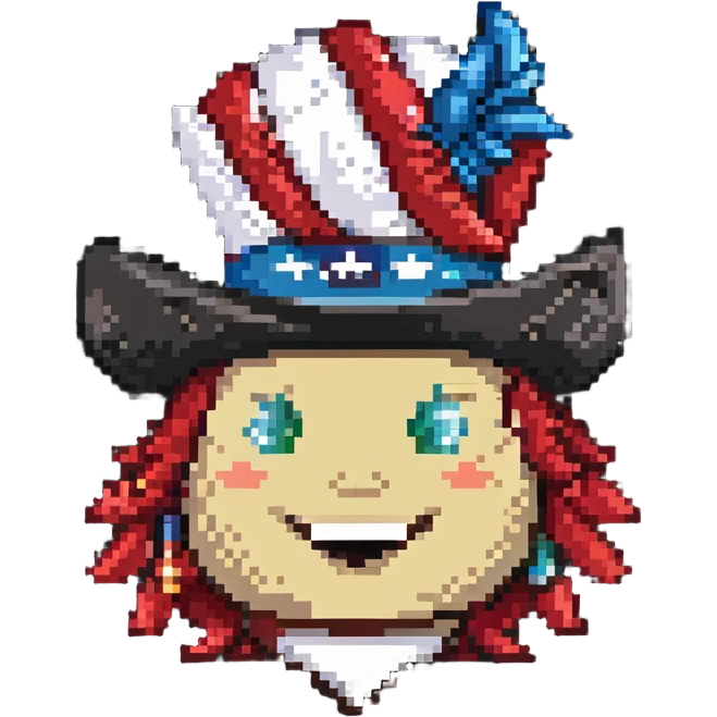 pixel art of Yankee Doodle's head, Tricorne hat with a feather, smiling emoji