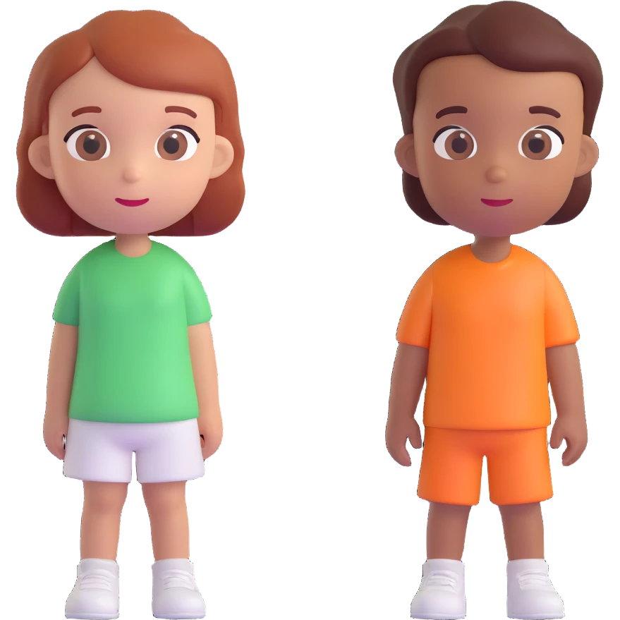 Slightly increase the volume of the upper body of the girl, separate the girl and the boy from each other, and make the skin color the same for both characters. Maintain the cartoonish 3D style. emoji