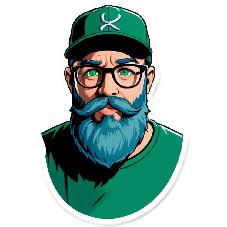 A bold man with a grey baseball cap, green eyes, big beard and glasses sending kiss emoji