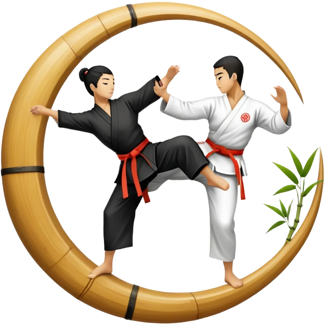 An icon symbolizing Eastern martial arts in the style of an emblem, featuring a black-and-white Yin-Yang symbol at the center. A martial artist is performing a fluid kick, surrounded by elements like a dojo and bamboo. Transparent background highlights balance and harmony. emoji