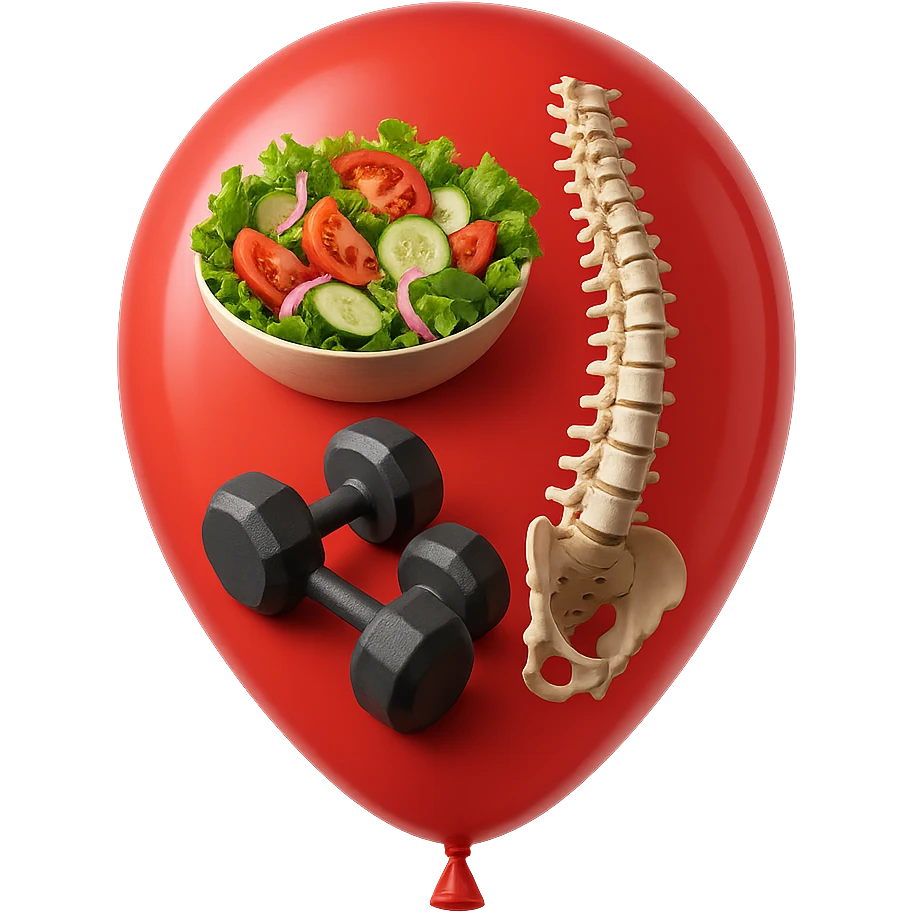 palloncino rosso con all'interno insalata, manubri da palestra e una spina dorsale anatomica realistica in 3d, isolato su sfondo bianco emoji