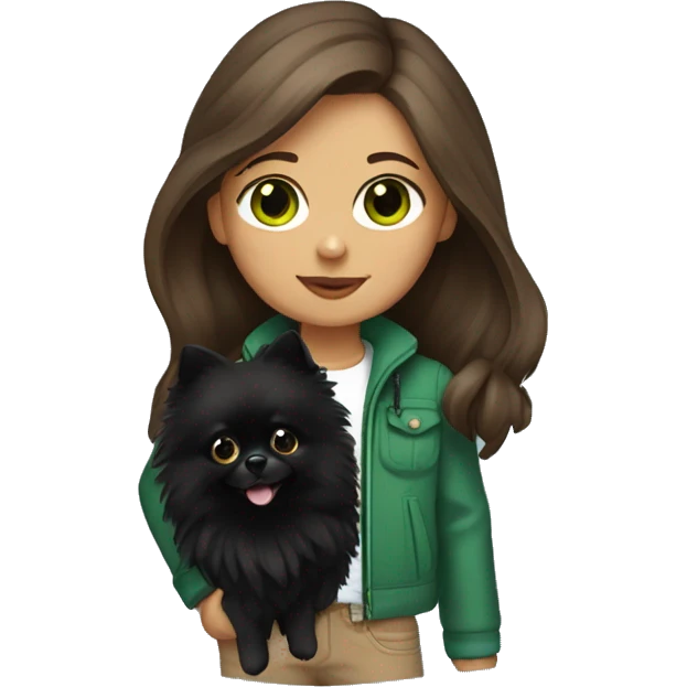 girl with brown long hair, green eyes, rad jacket holding a black Pomeranian spitz dog emoji