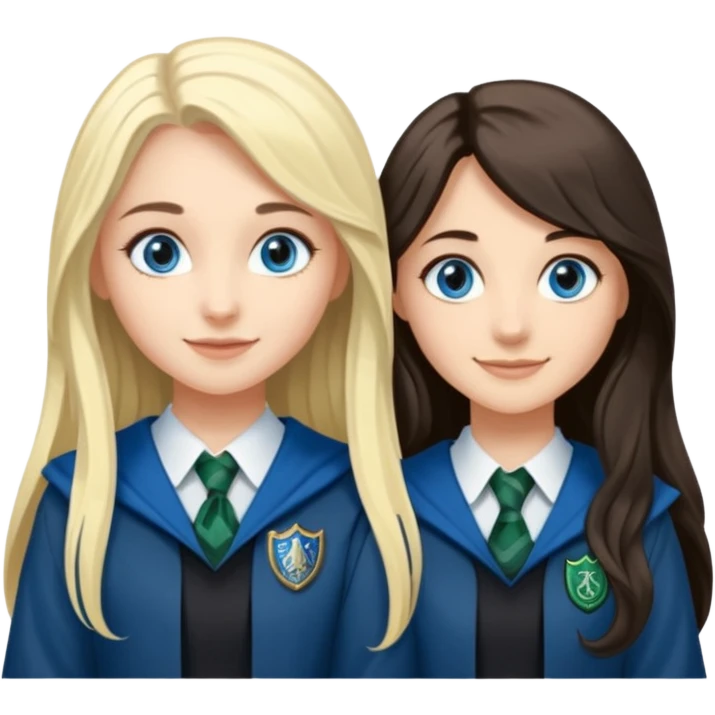 a pretty ravenclaw girl with long dark brown hair and blue eyes standing with a pretty Slytherin girl with long blonde hair, blue eyes emoji