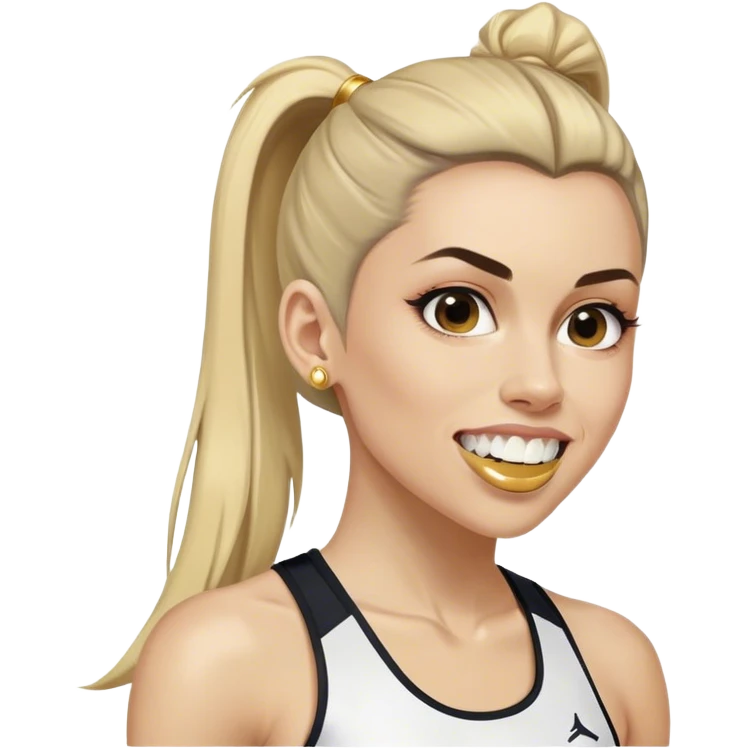Melanie chisholm with a high ponytail wearing athletic attire and a gold tooth emoji