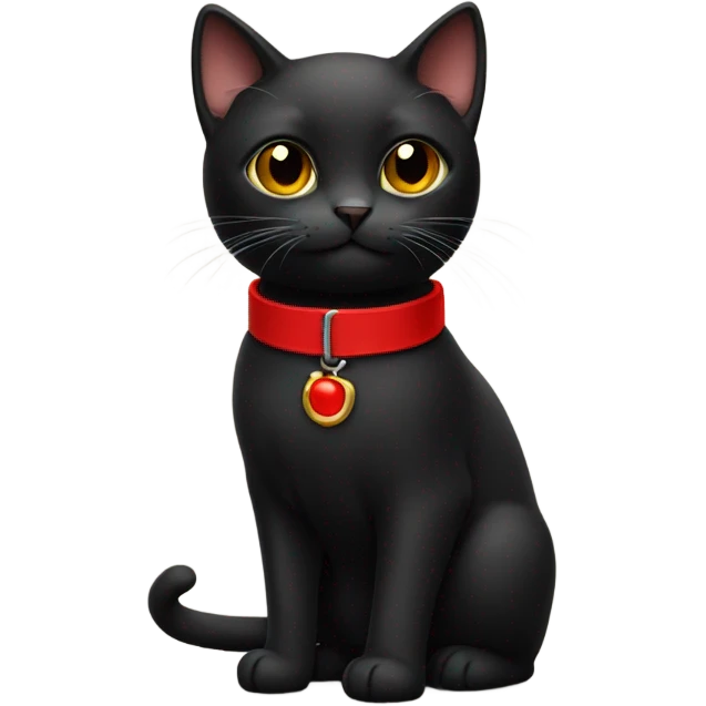 Small black cat wearing red collar with belt emoji