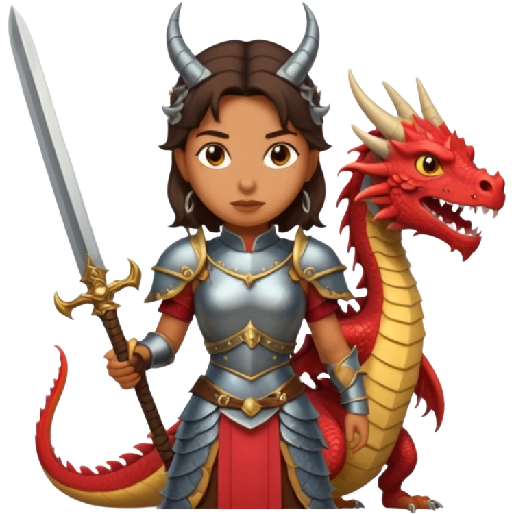 Fierce Latina in armor with a sword next to beheaded dragon emoji